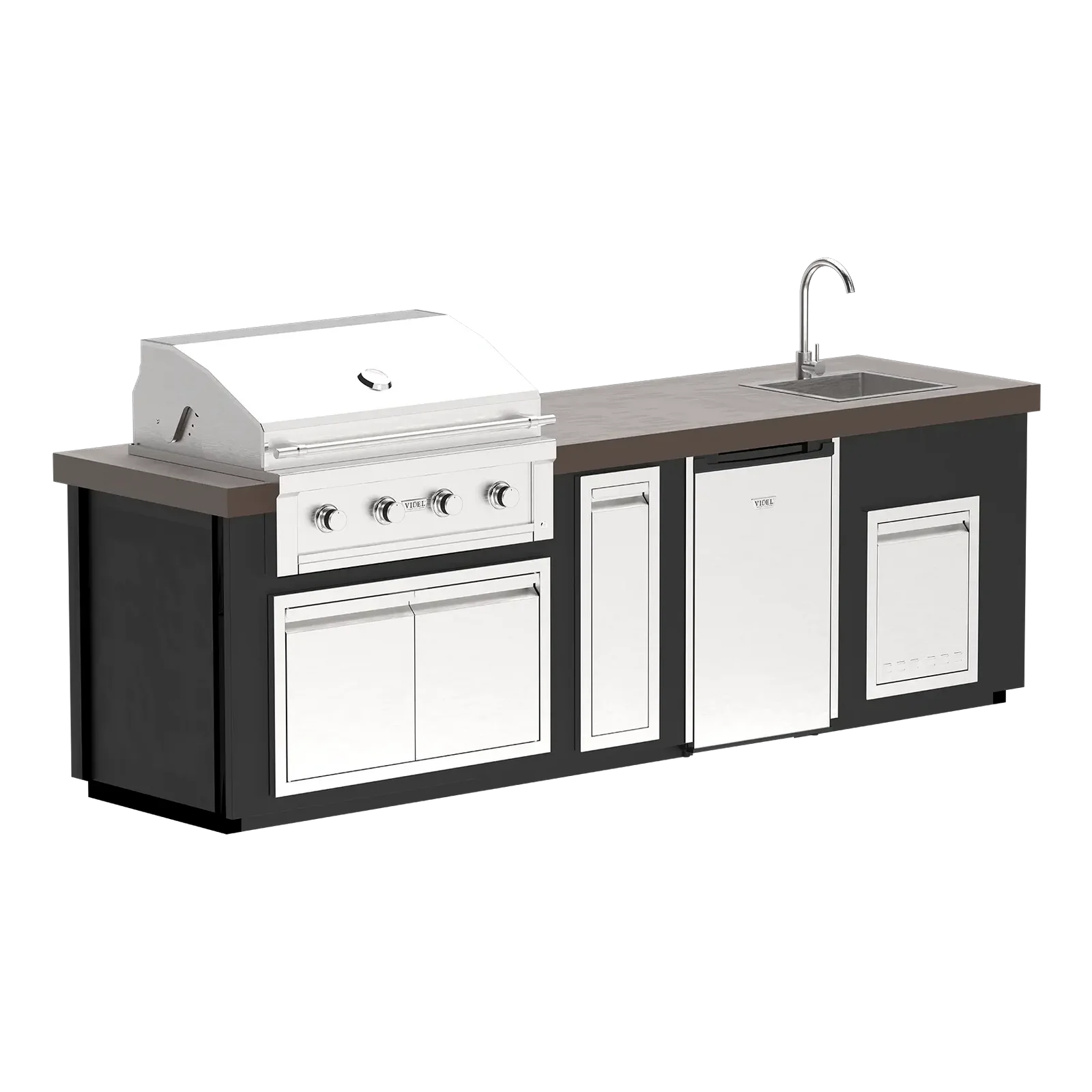 Videl USA 112" Luxe I Complete BBQ Island - Gran Fuego 36" 4-Burner Grill, refrigerator, outdoor sink, and stainless steel storage