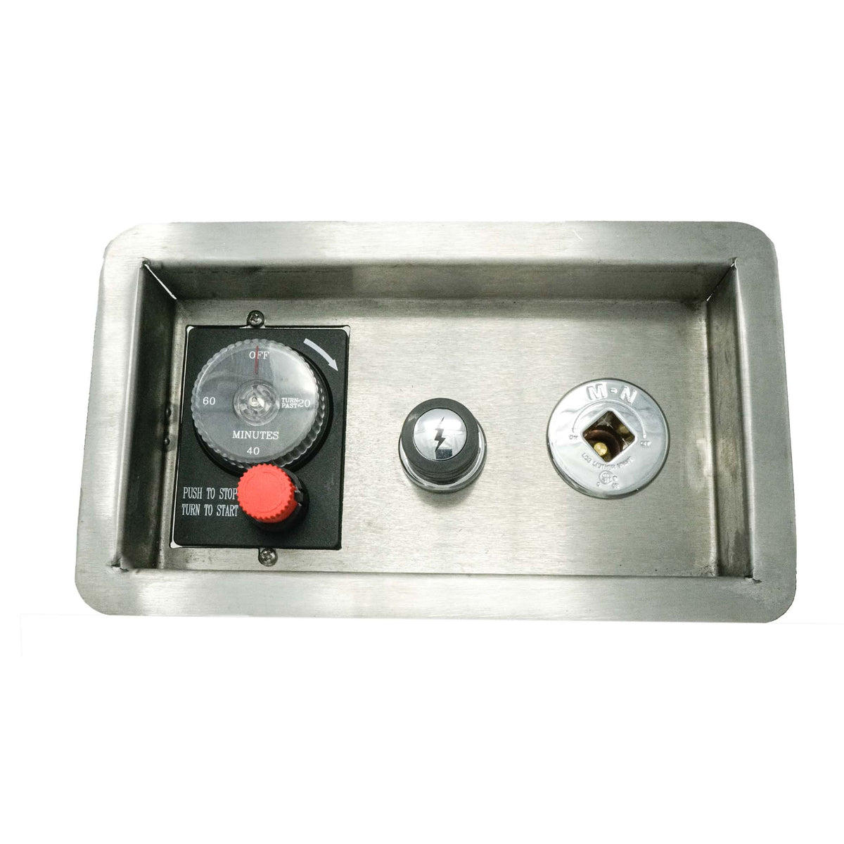 The Outdoor Plus recessed panel with gas timer red emergency stop spark ignition button and key valve