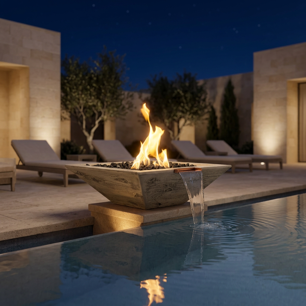 30-inch Oak Maya Fire & Water Bowl in a starry-night courtyard pool setting