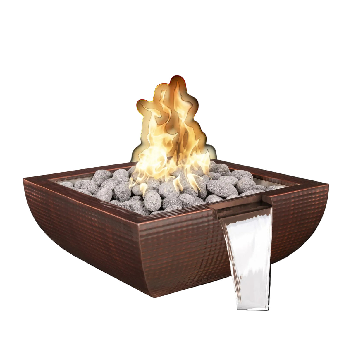 A square outdoor fire pit with a hammered metallic bronze finish, filled with gray river rocks and glowing orange flames, with a waterfall spout pouring clear water. The product is shown against a solid black background.