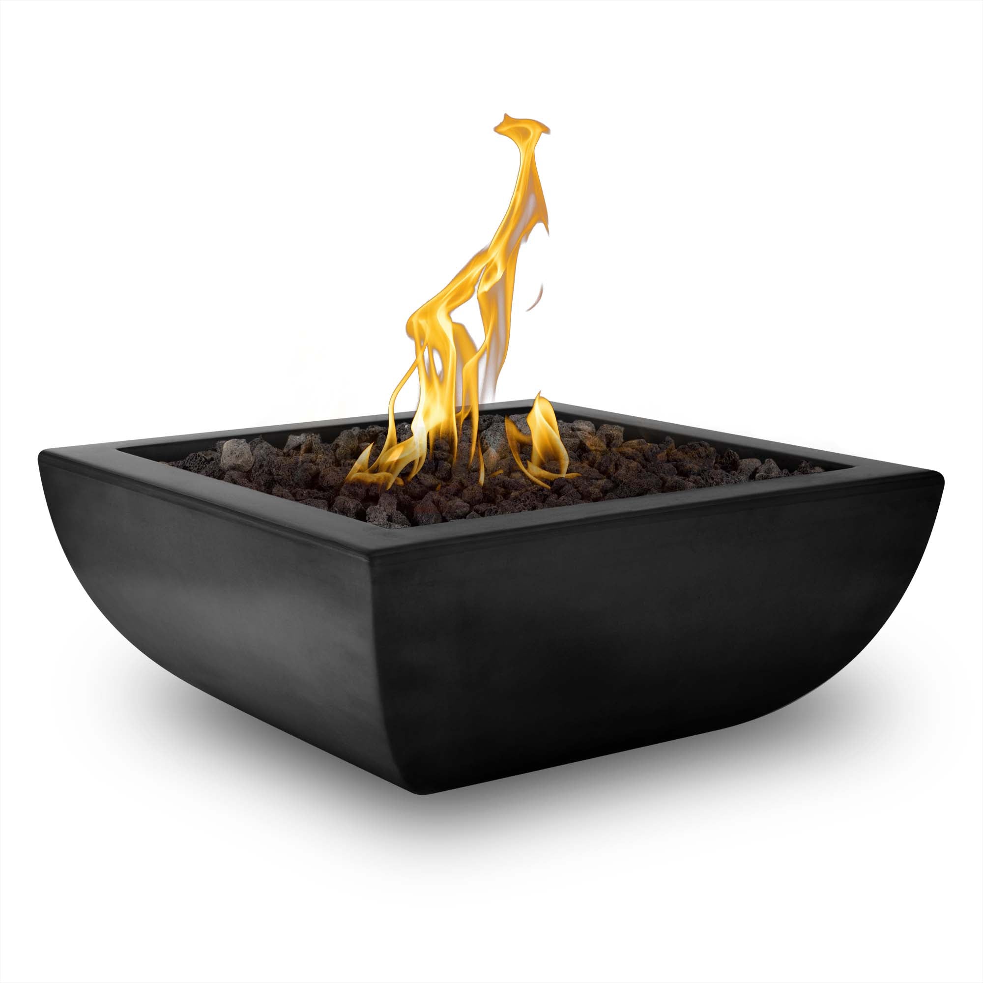 Black fire pit with flames on a white background