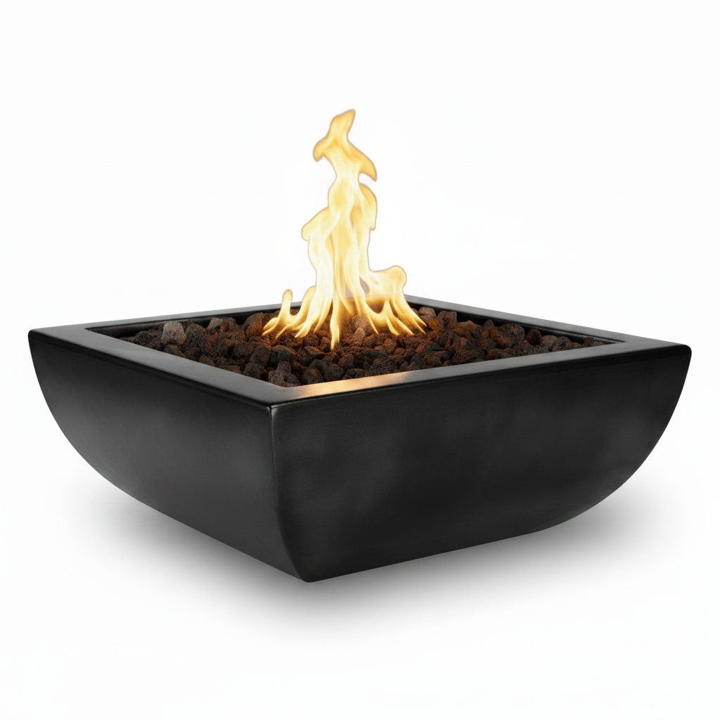 A modern square black fire pit bowl filled with dark river rocks and a bright yellow-orange flame, shown on a clean white background.