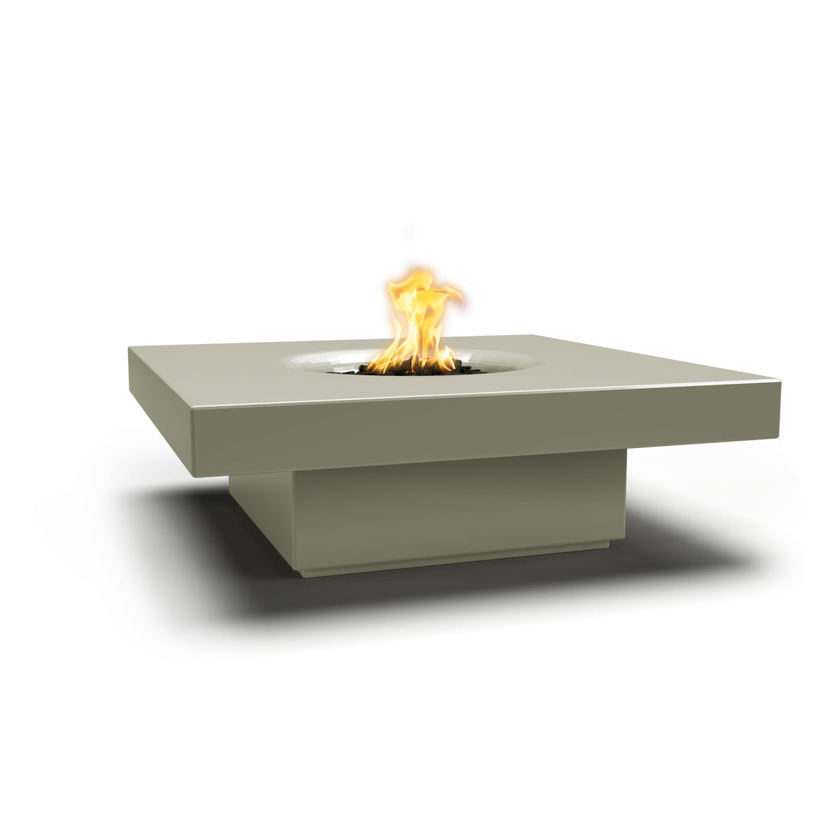 Modern fire pit table with flames on a white background