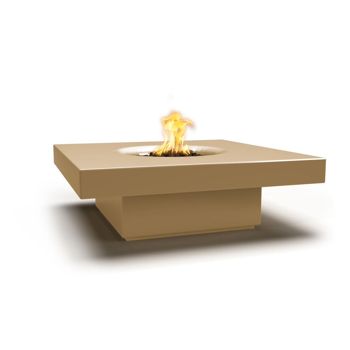 Beige fire pit table with flames on a white background