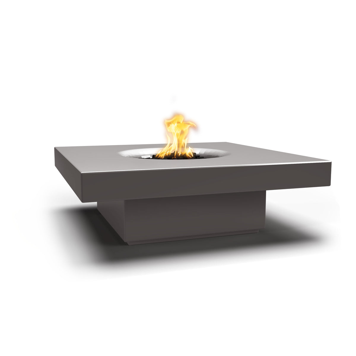 Modern fire pit table with flames on a white background