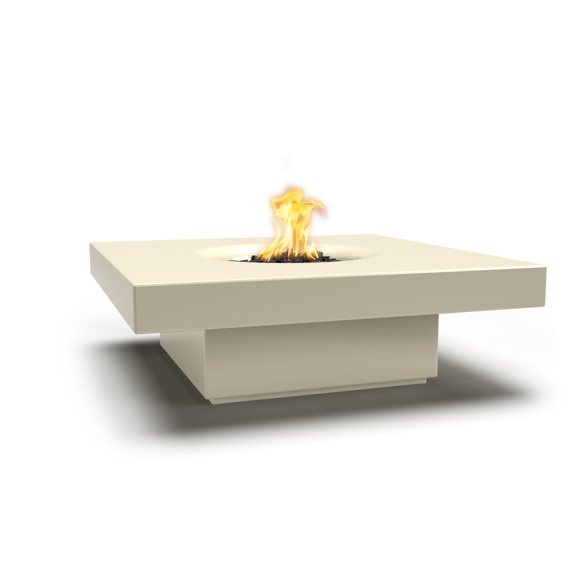 Modern fire pit table with flames on a white background