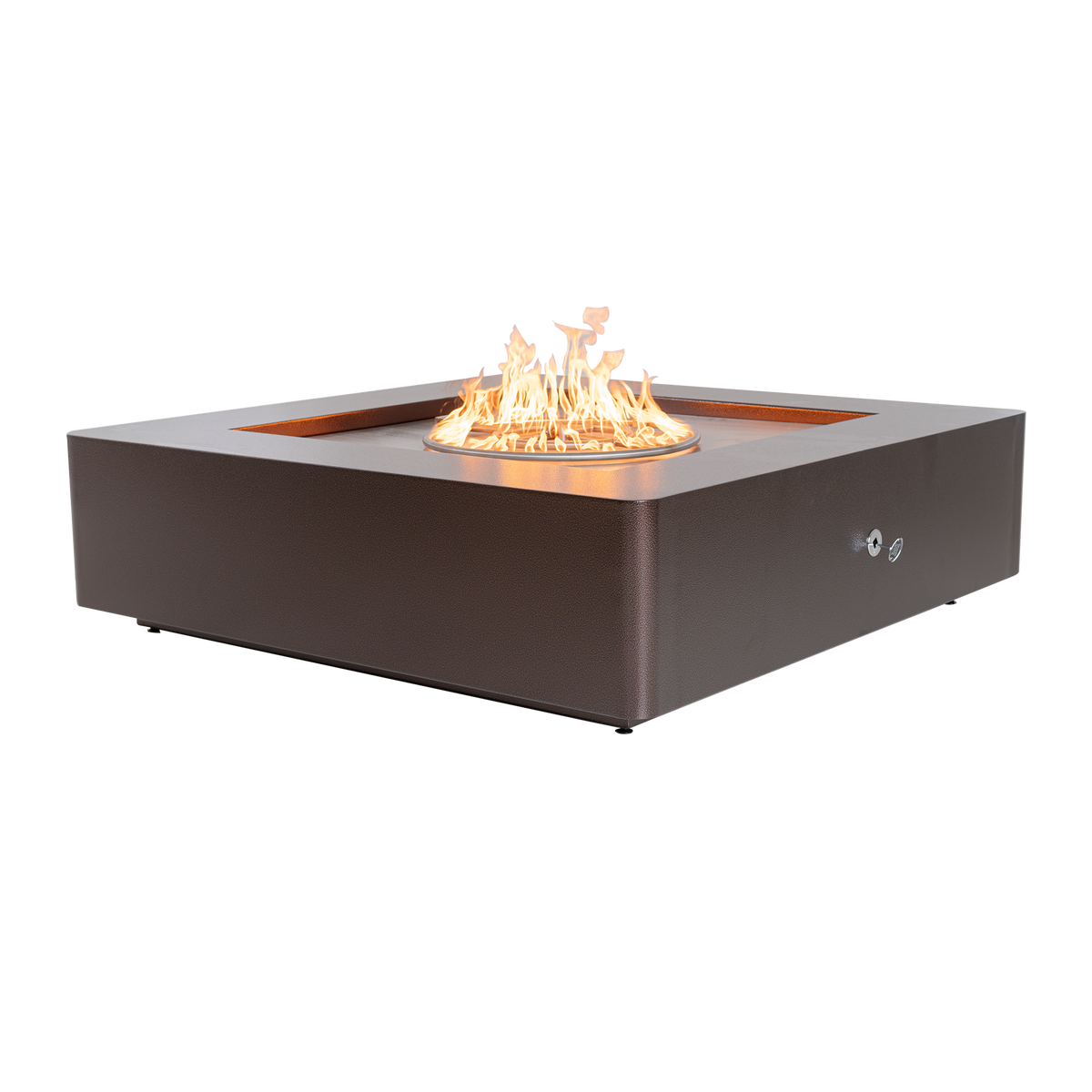 A square outdoor fire pit table with a dark brown metal body and a glowing orange fire inside, shown on a plain white background.