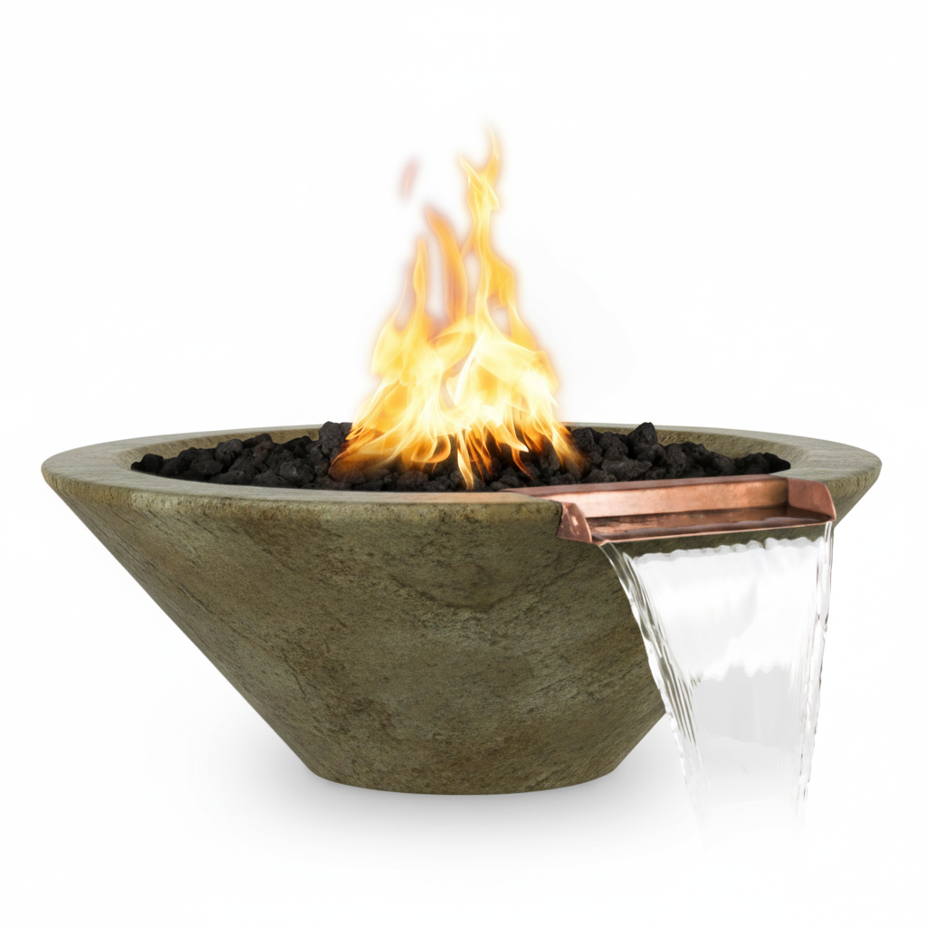 A stone fire pit bowl with a copper waterfall spout, filled with black lava rocks and lit with a bright orange flame, shown on a white background.