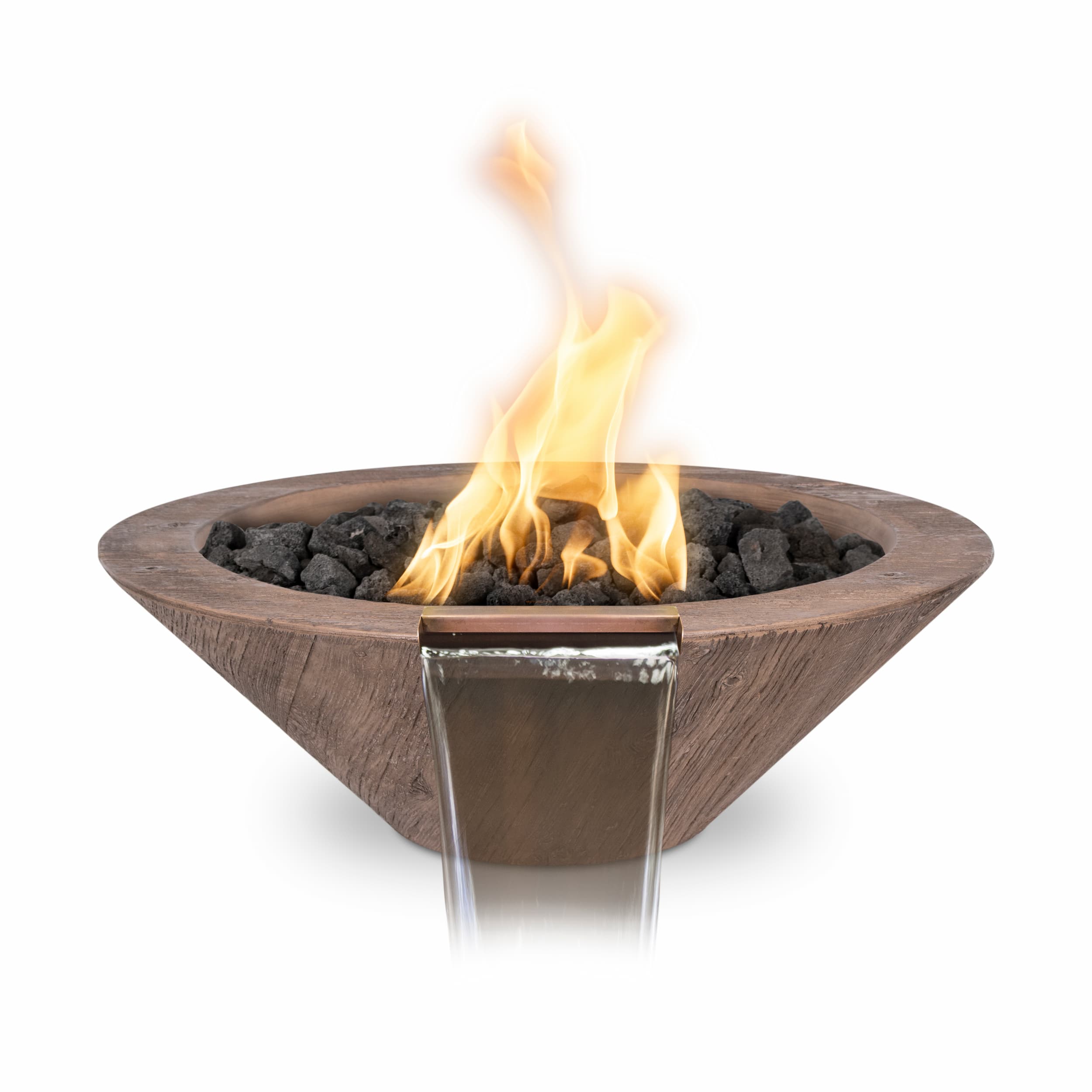 Wooden fire pit with flames on a white background