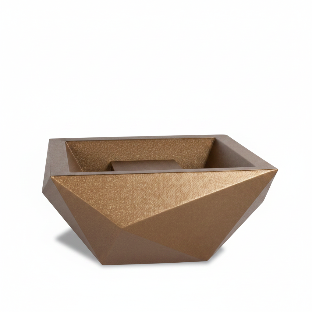 A modern geometric square planter with a faceted, diamond-like design in a textured metallic bronze finish, shown on a clean white background.