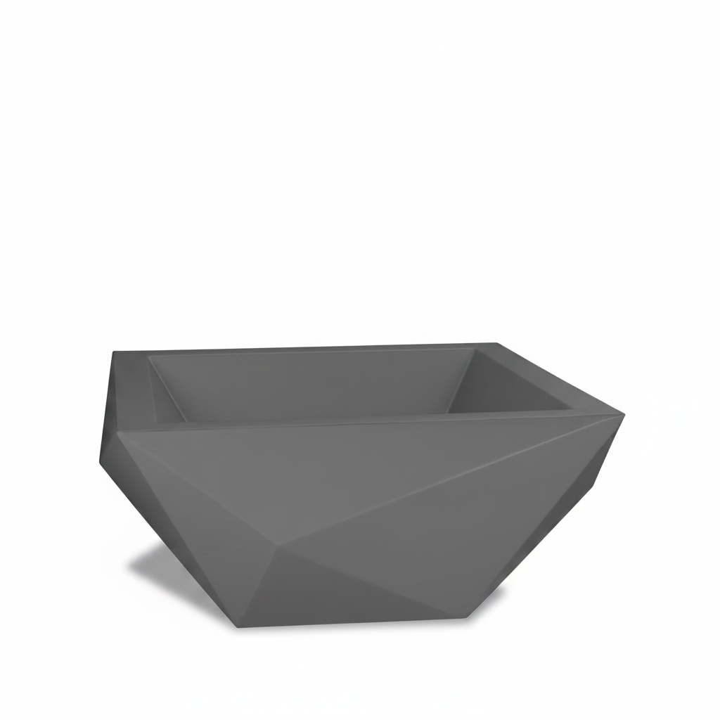 A modern, geometric concrete planter in a dark gray color, featuring a faceted, low-poly design and a rectangular shape with a tapered front, shown on a plain white background.