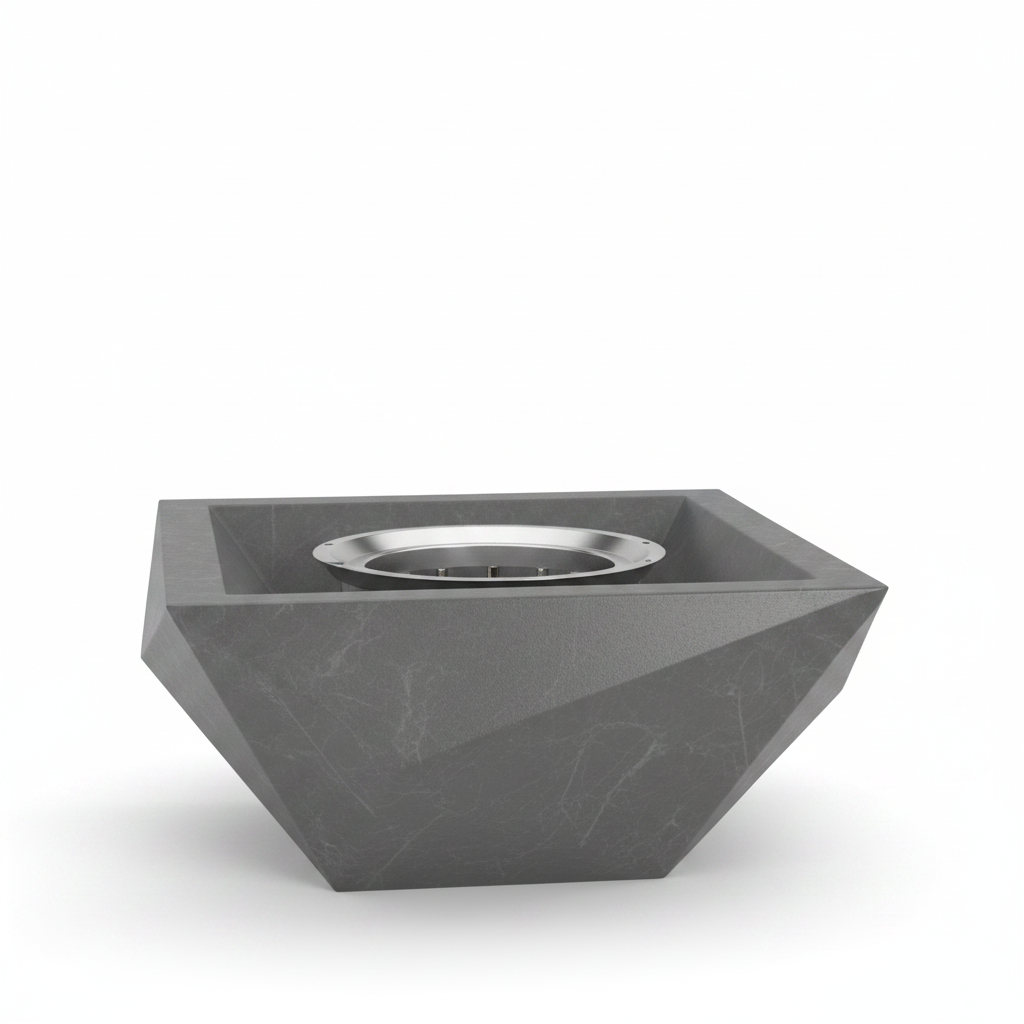 A modern square concrete fire pit table with a faceted geometric design and a brushed stainless steel burner insert, shown on a clean white background.
