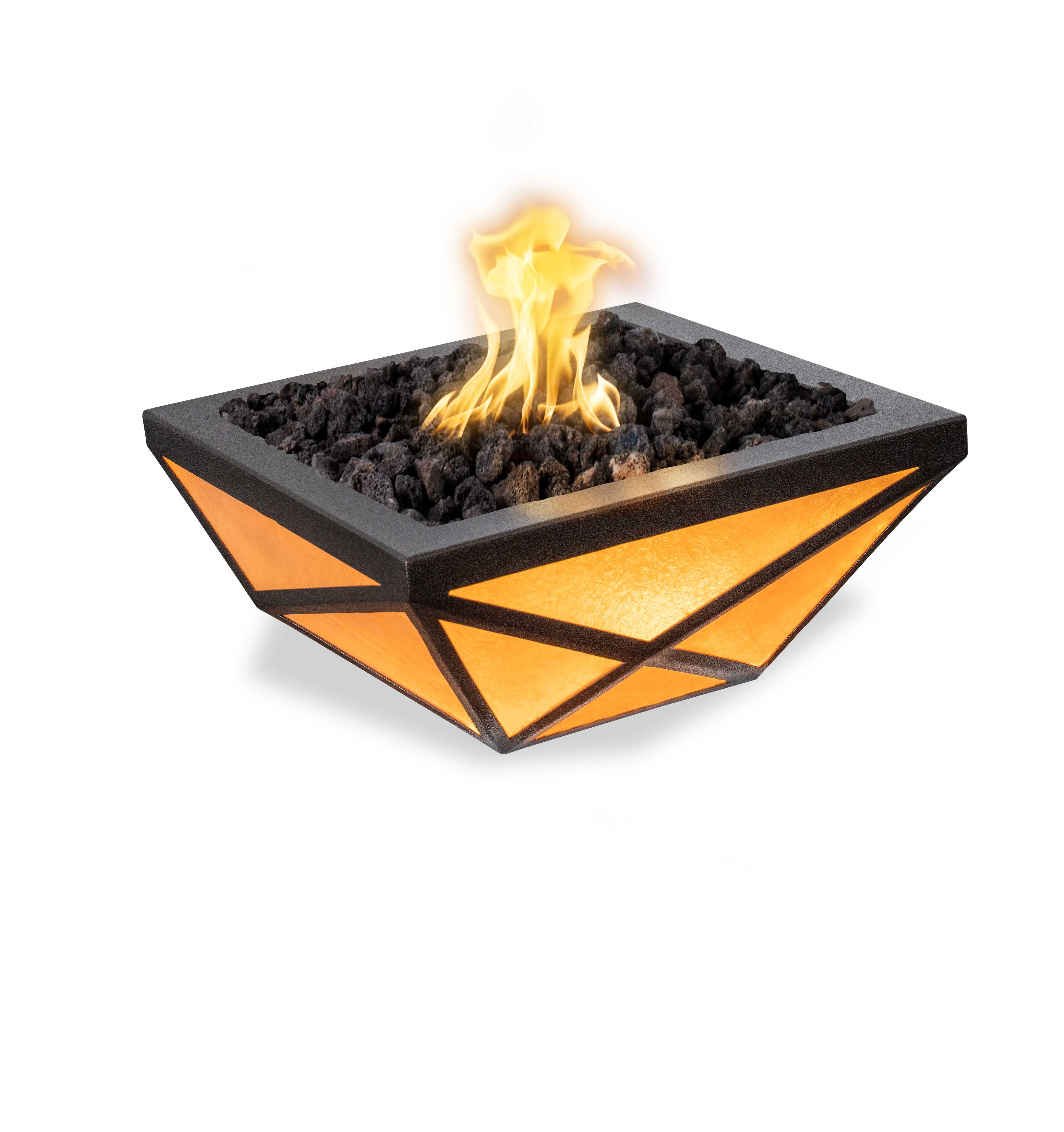 Geometric fire pit with flames on a white background