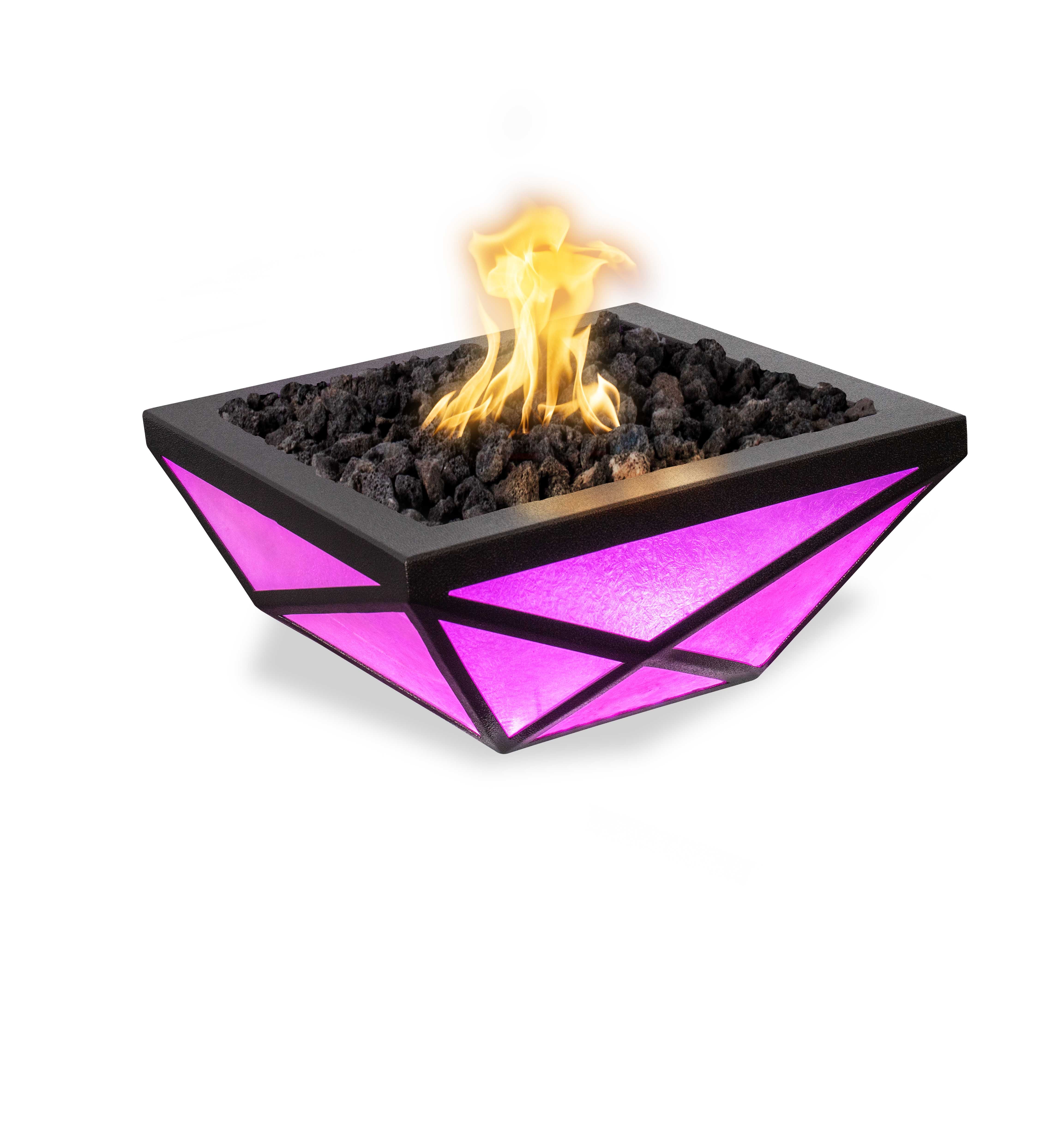 Geometric fire pit with pink and black design on a white background