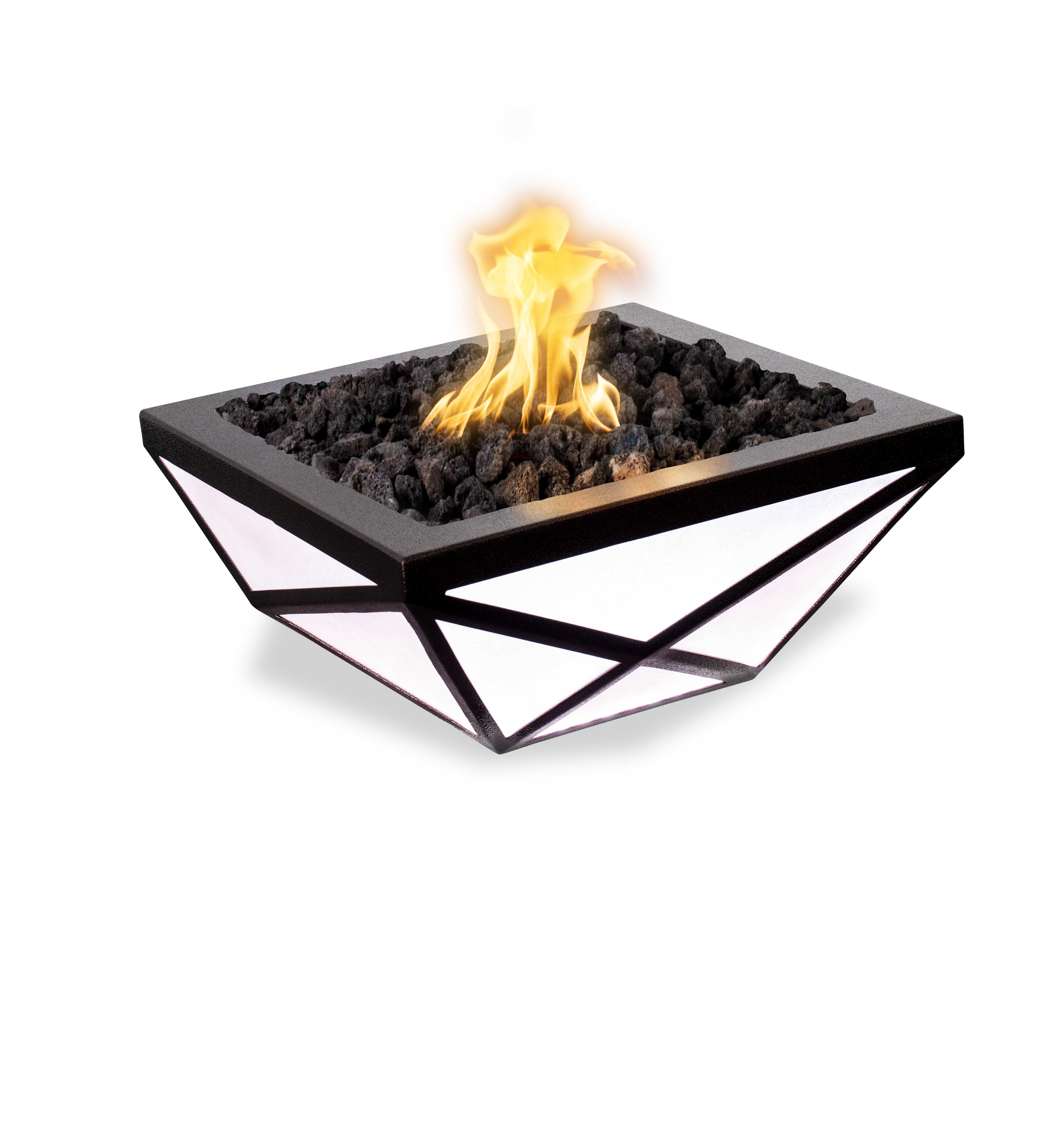 Modern outdoor fire pit with flames on a white background
