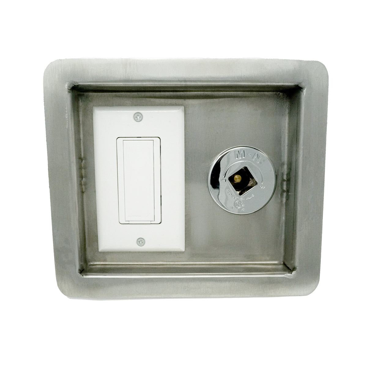 The Outdoor Plus recessed stainless steel panel with white rocker light switch and key valve