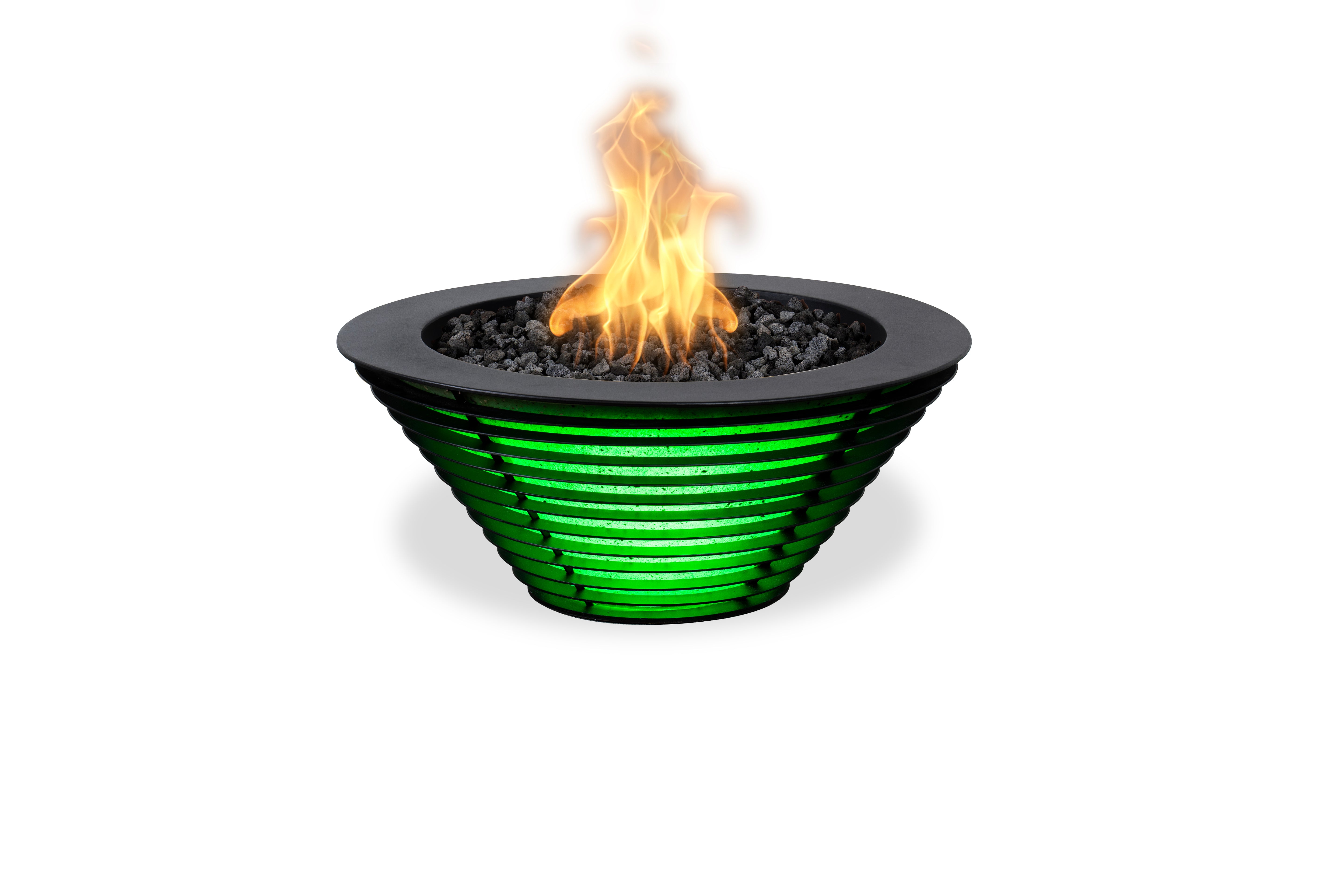 Fire pit with green base and flames on a white background