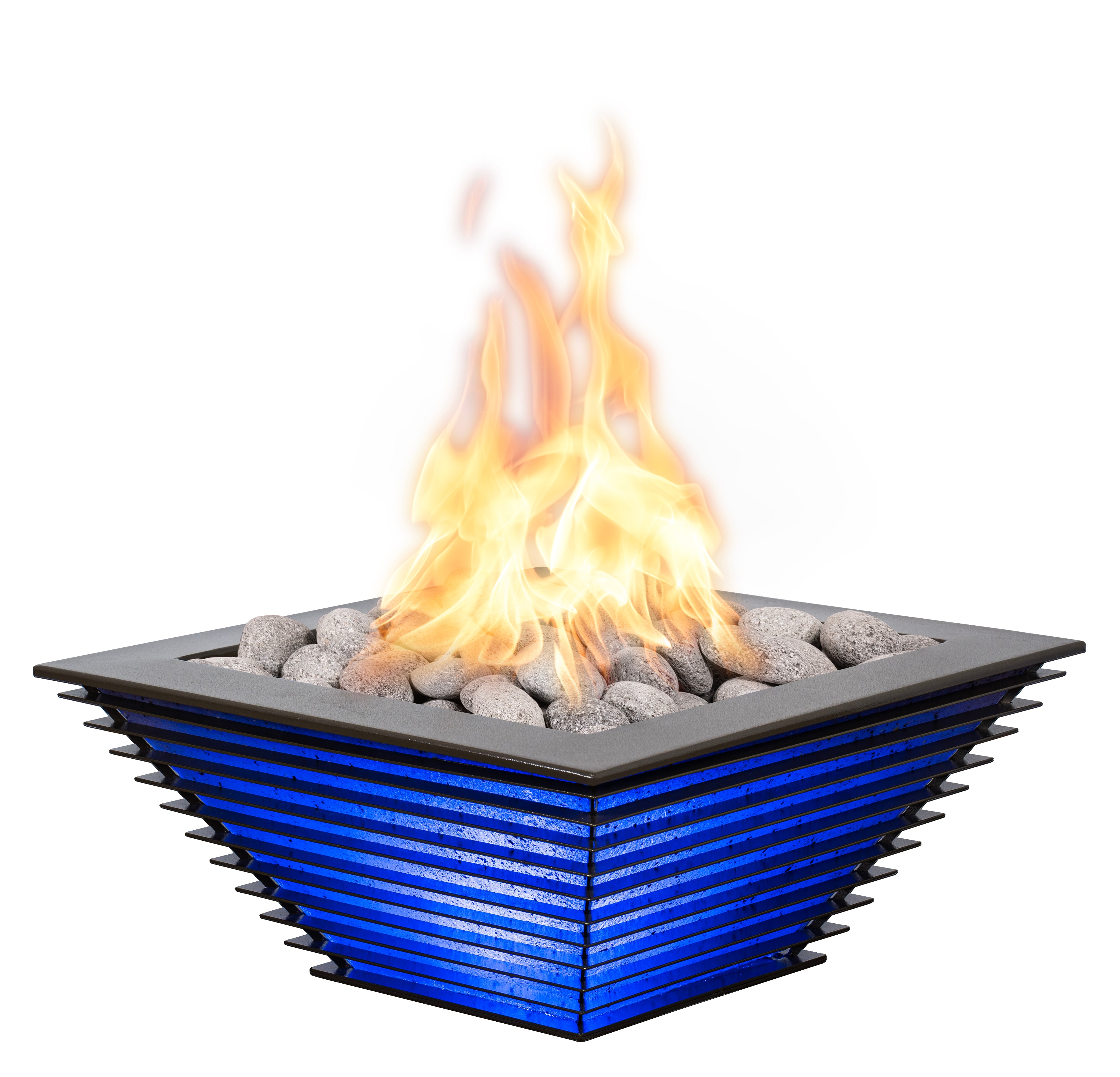 Square fire pit with blue base and gray top on a white background
