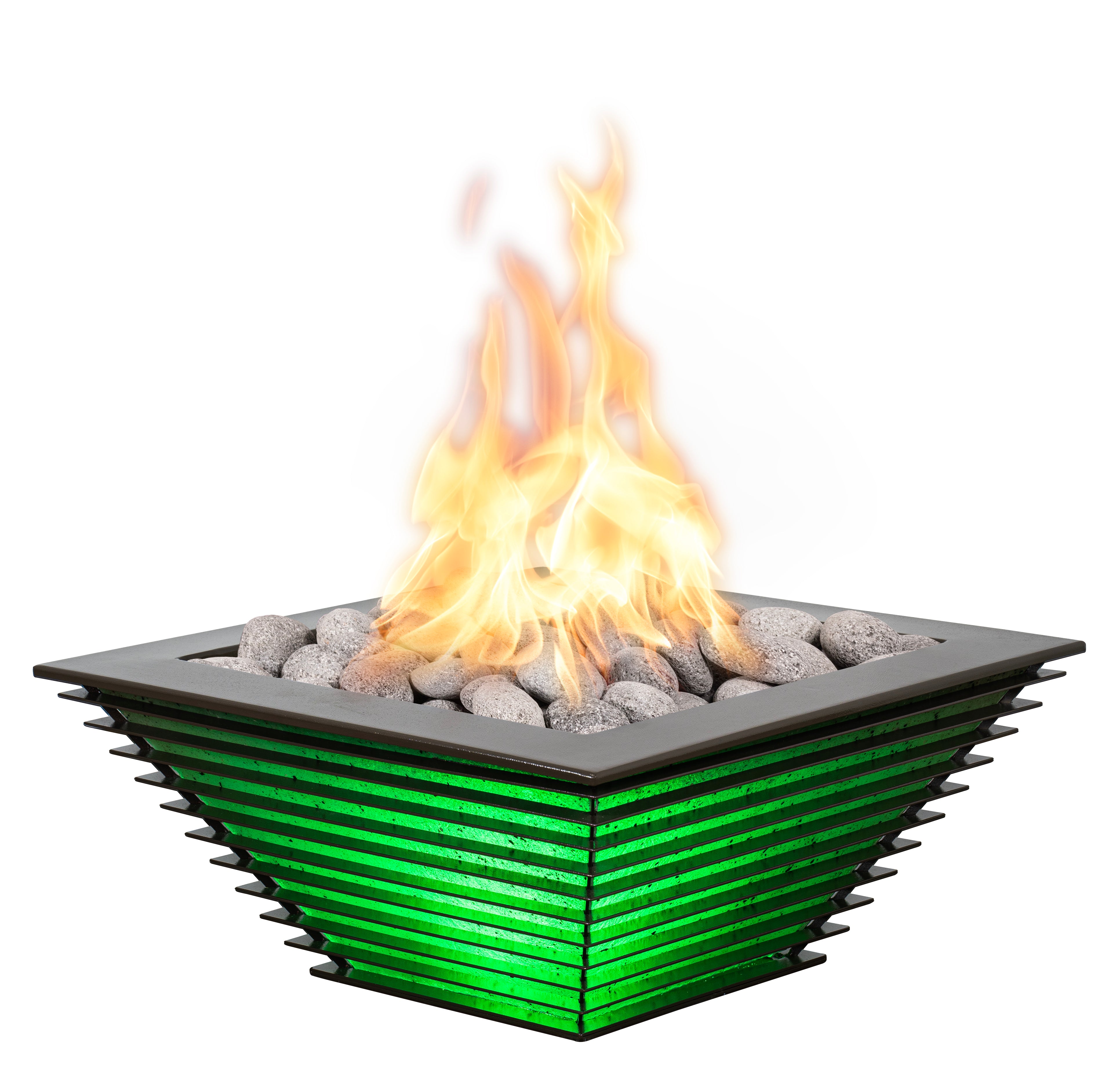 Square fire pit with flames and green base on a white background
