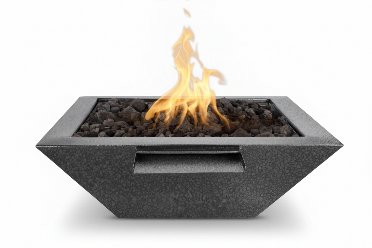 A modern fire pit bowl filled with dark gravel and glowing orange-yellow flames, isolated on a white background.