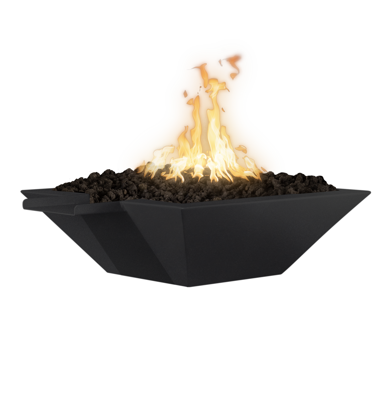 A modern black metal fire pit bowl filled with dark gravel and glowing orange-yellow flames, isolated on a white background.