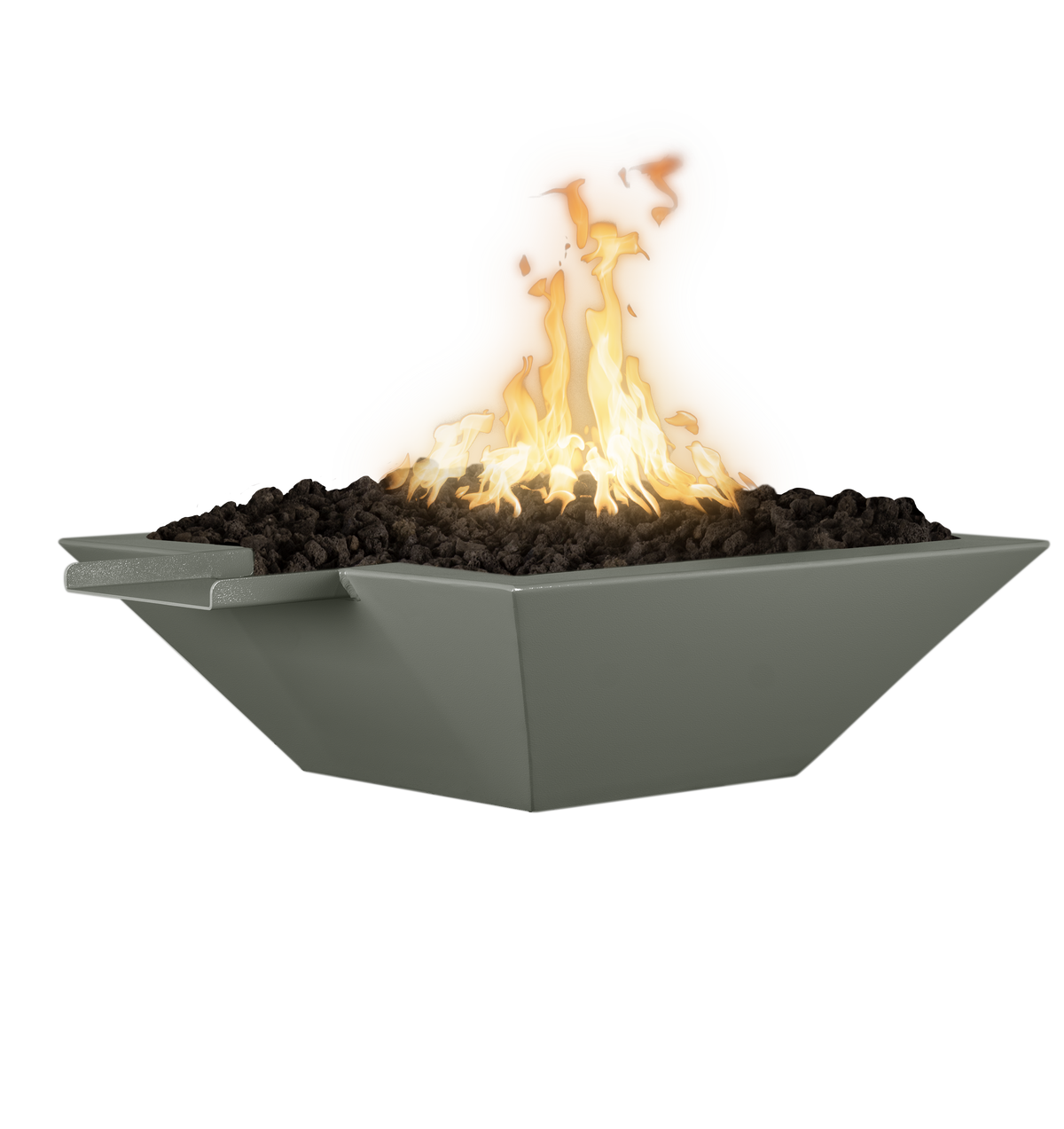 A modern olive green fire pit bowl filled with dark gravel and glowing orange-yellow flames, isolated on a white background.