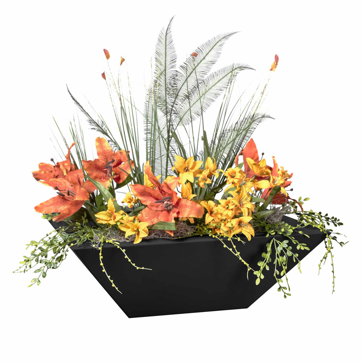 Decorative flower arrangement with orange and yellow flowers in a black container on a white background