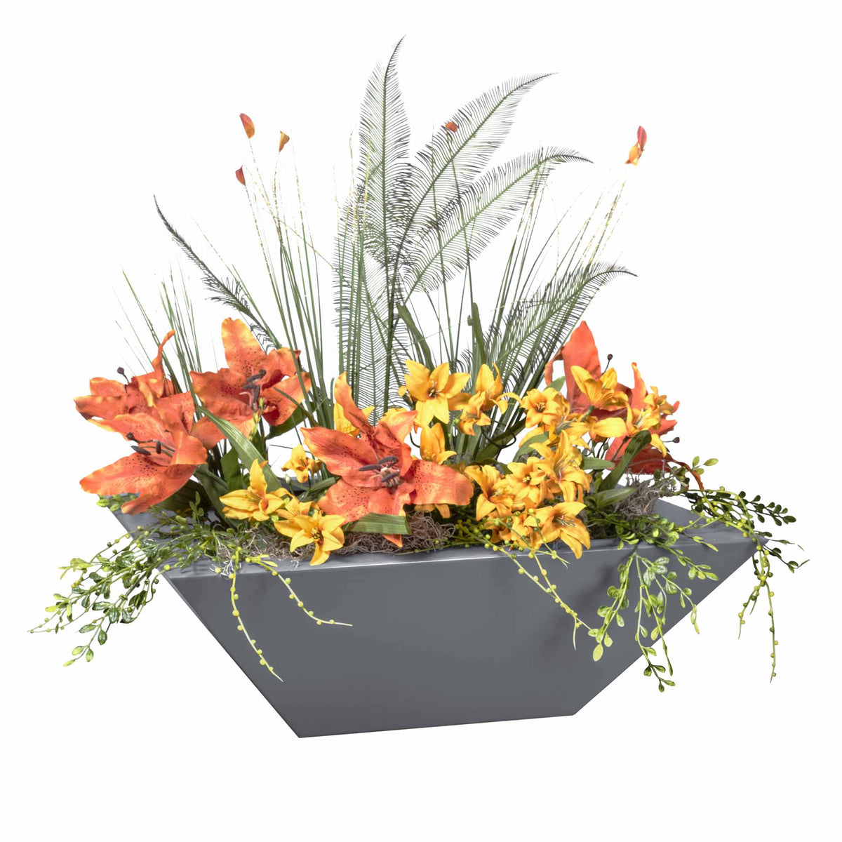 Decorative flower arrangement with orange and yellow flowers in a gray container on a white background