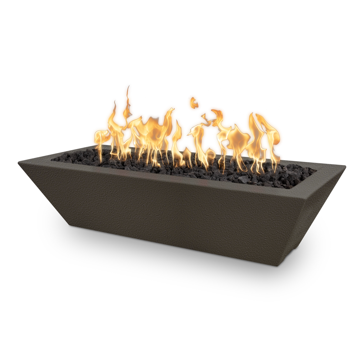 A rectangular outdoor fire pit with a dark textured finish, filled with black river rocks and active orange and yellow flames, shown on a solid white background.
