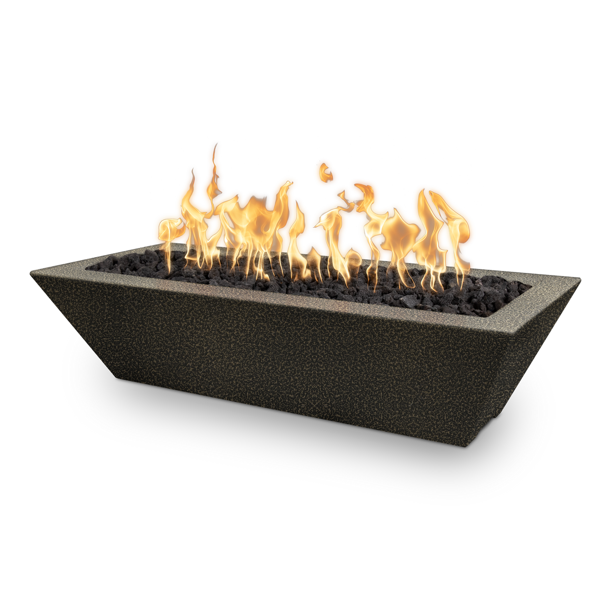A modern rectangular fire pit with a textured dark charcoal gray stone-look exterior, filled with black river rocks and active orange and yellow flames, shown on a solid white background.