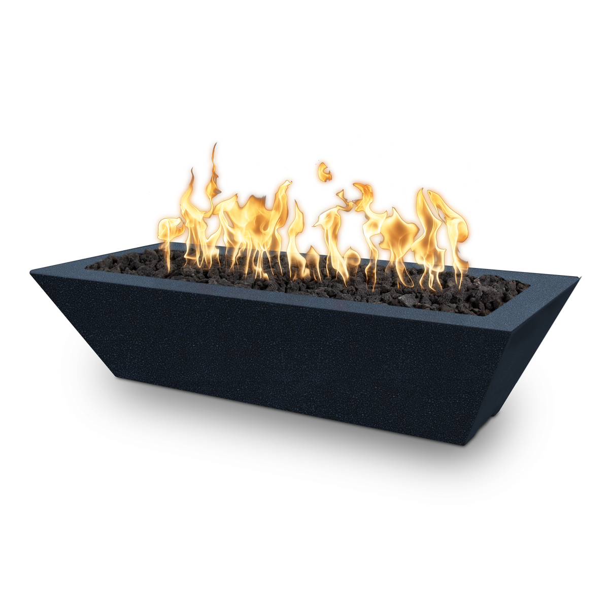 A modern rectangular fire pit with a dark textured finish, filled with black river rocks and glowing orange and yellow flames, shown on a solid white background.