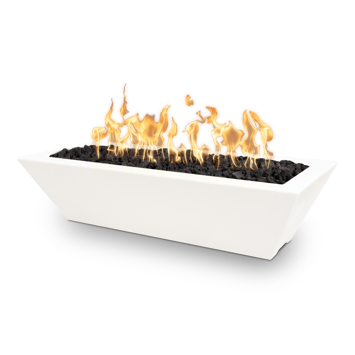 A modern rectangular outdoor fire pit with a white concrete-look planter, black fire glass, and glowing orange and yellow flames, shown on a clean white background.