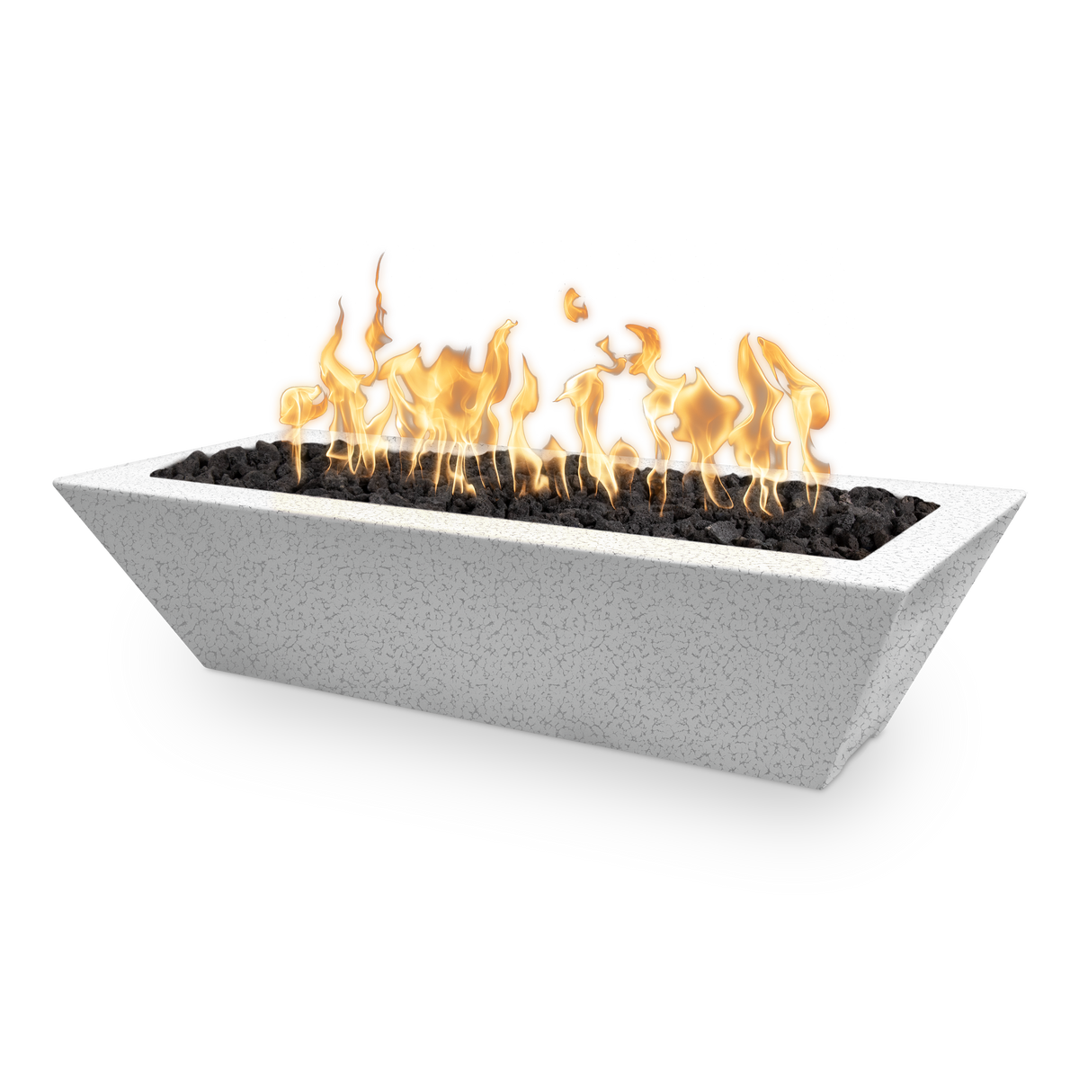 A modern rectangular outdoor fire pit with a textured light gray concrete-look body, black fire stones, and bright orange and yellow flames, shown on a clean white background.