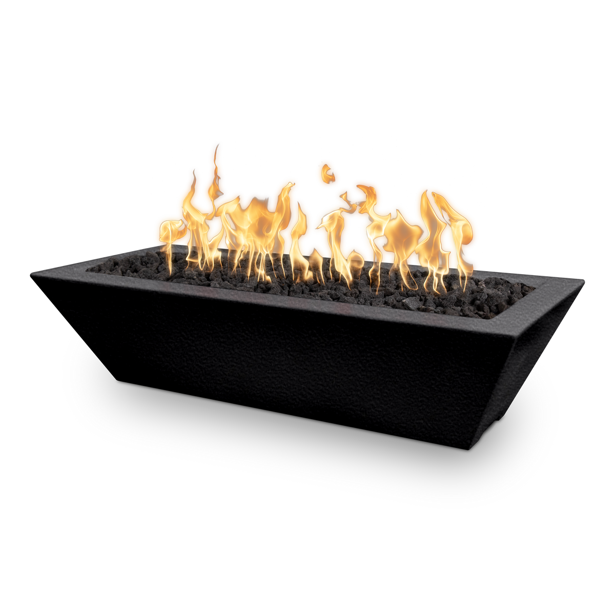 A rectangular black fire pit planter with a textured finish, filled with dark river rocks and active orange and yellow flames, shown on a solid white background.
