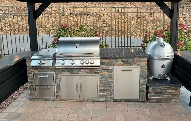 Tru Innovative Outdoor 8 Ft Pro Island For Grill, Power Burner, Fridge, Storage + Kamado Cooker & Stand