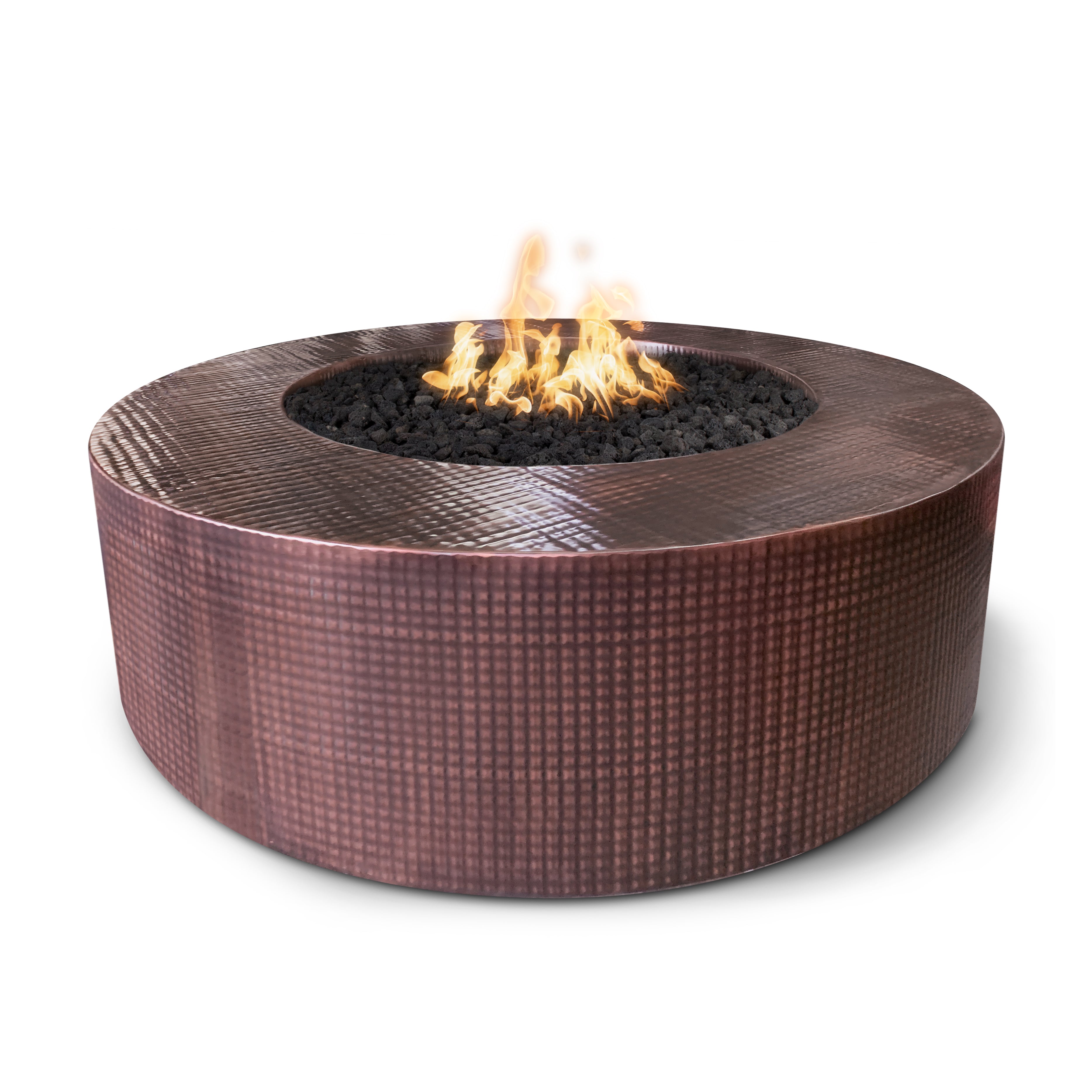 Round metal fire pit with flames on a white background