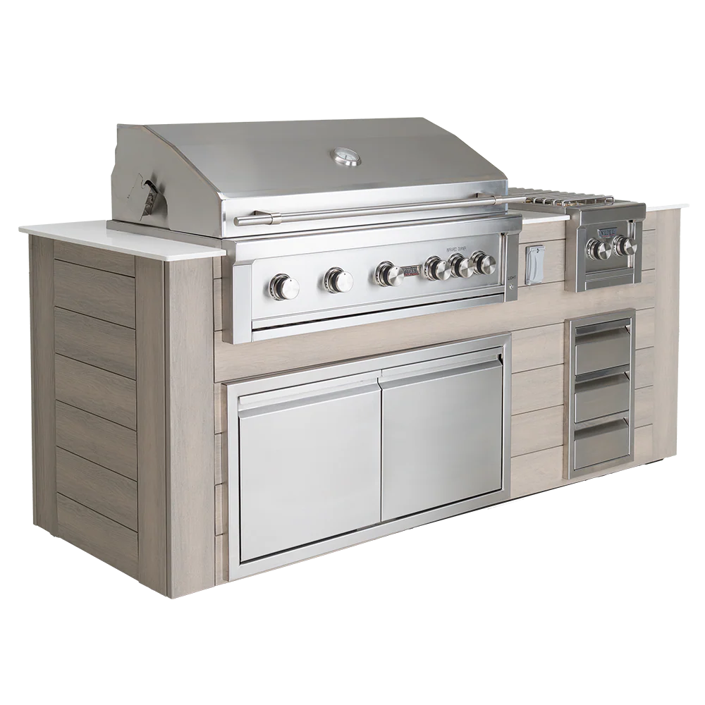 Videl USA 96" Pacific Collection BBQ Island — composite wood paneling with 42" 5-burner grill, side burner, double access doors, and triple drawers