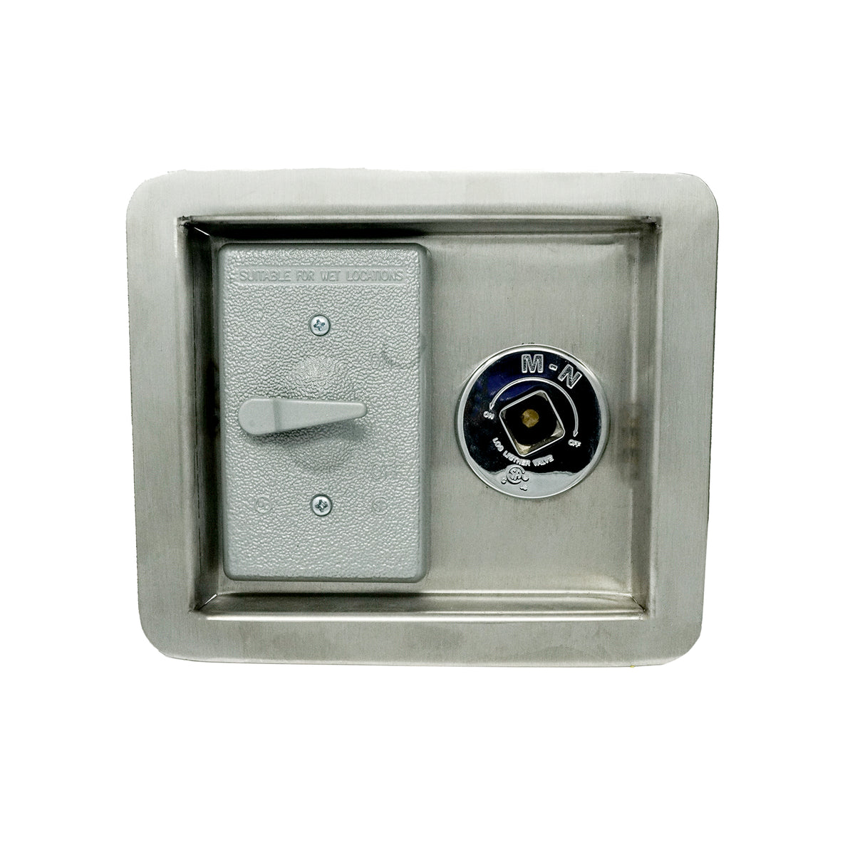 The Outdoor Plus recessed stainless steel panel with weatherproof on-off switch and key valve