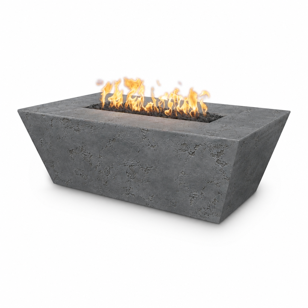 A modern rectangular concrete fire pit with a textured gray finish, shown with active orange and yellow flames burning in the center, set against a plain white background.