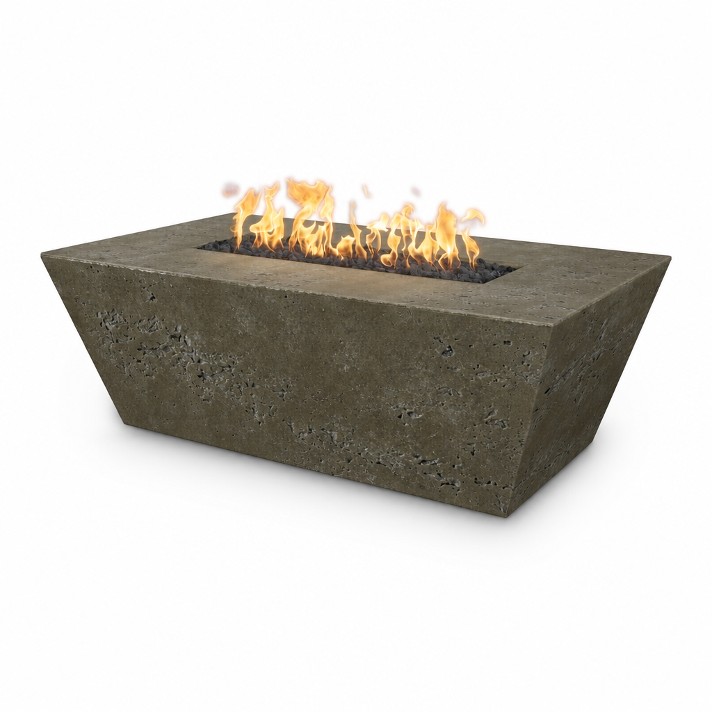 A rectangular concrete fire pit with a modern tapered design, featuring a glowing orange and yellow flame burning inside, set against a plain white background.