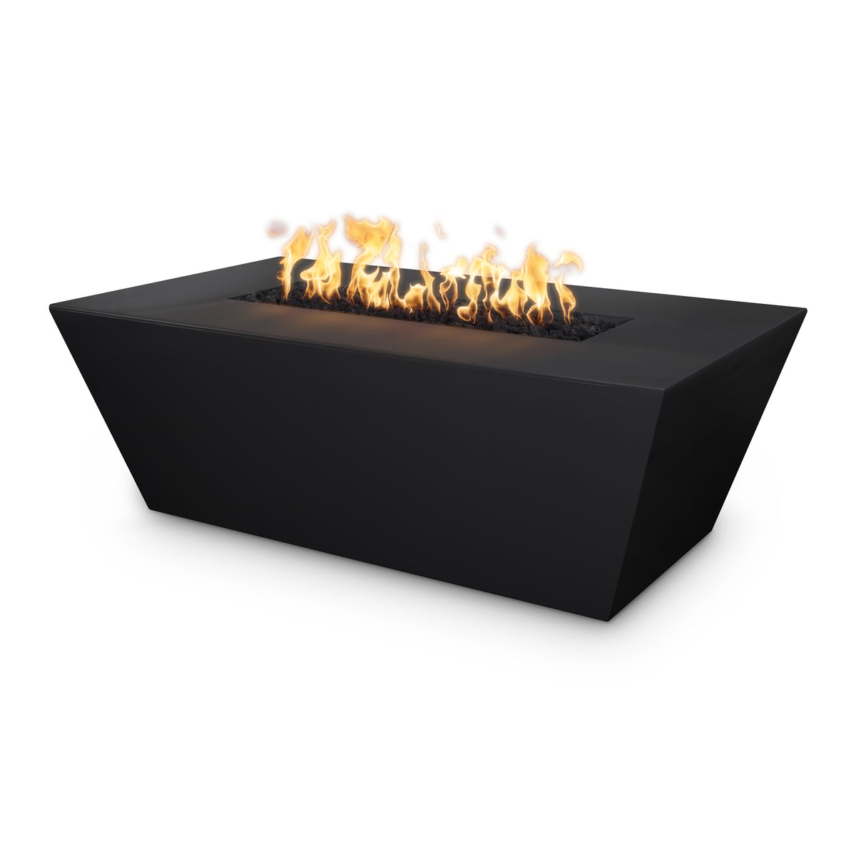 Black fire pit with flames on a white background