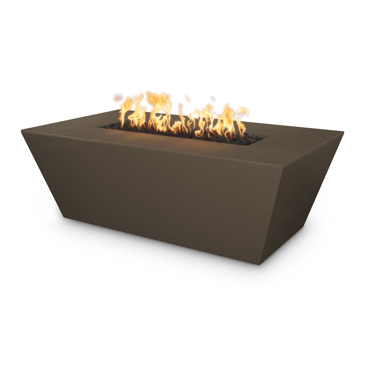 A rectangular outdoor fire pit with a dark brown matte finish, featuring active orange and yellow flames burning over black stones inside, set against a plain white background.