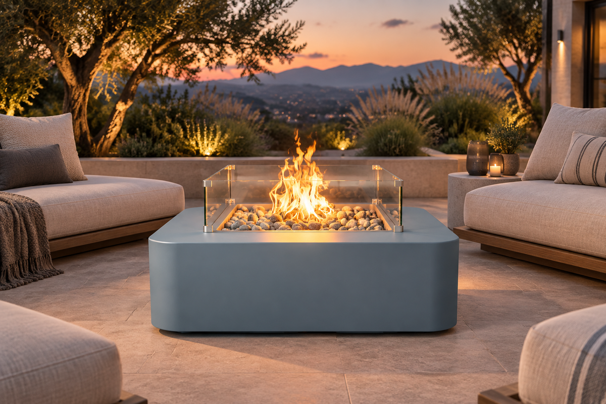 A modern outdoor fire pit table with a blue-gray rectangular base, clear glass wind guard, and glowing fire, situated in a patio setting between beige lounge chairs at sunset.