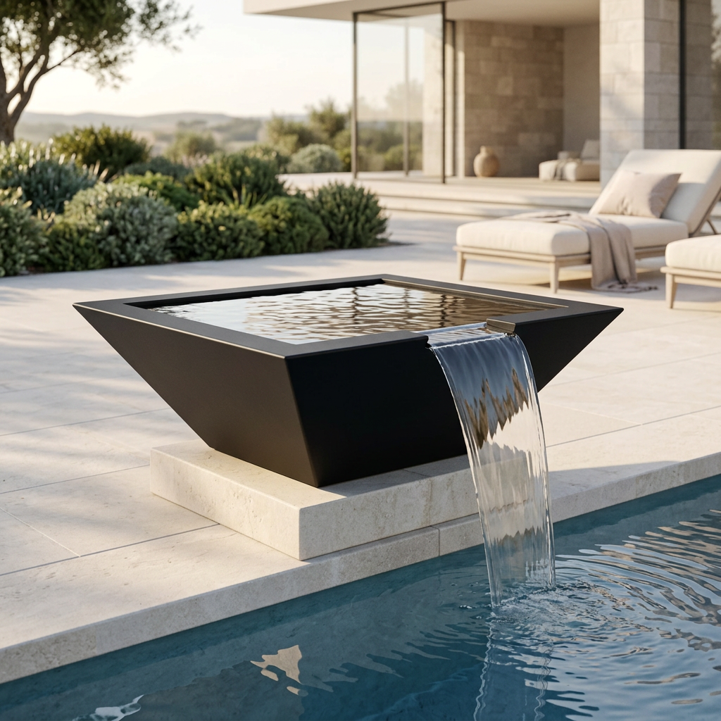 Black powder-coated Maya Water Bowl in a poolside lifestyle setting
