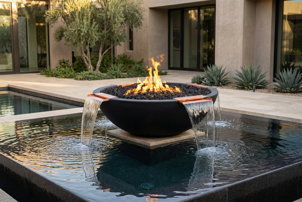 Black Sedona 4 Way Spill Fire & Water Bowl in a contemporary courtyard reflecting pool