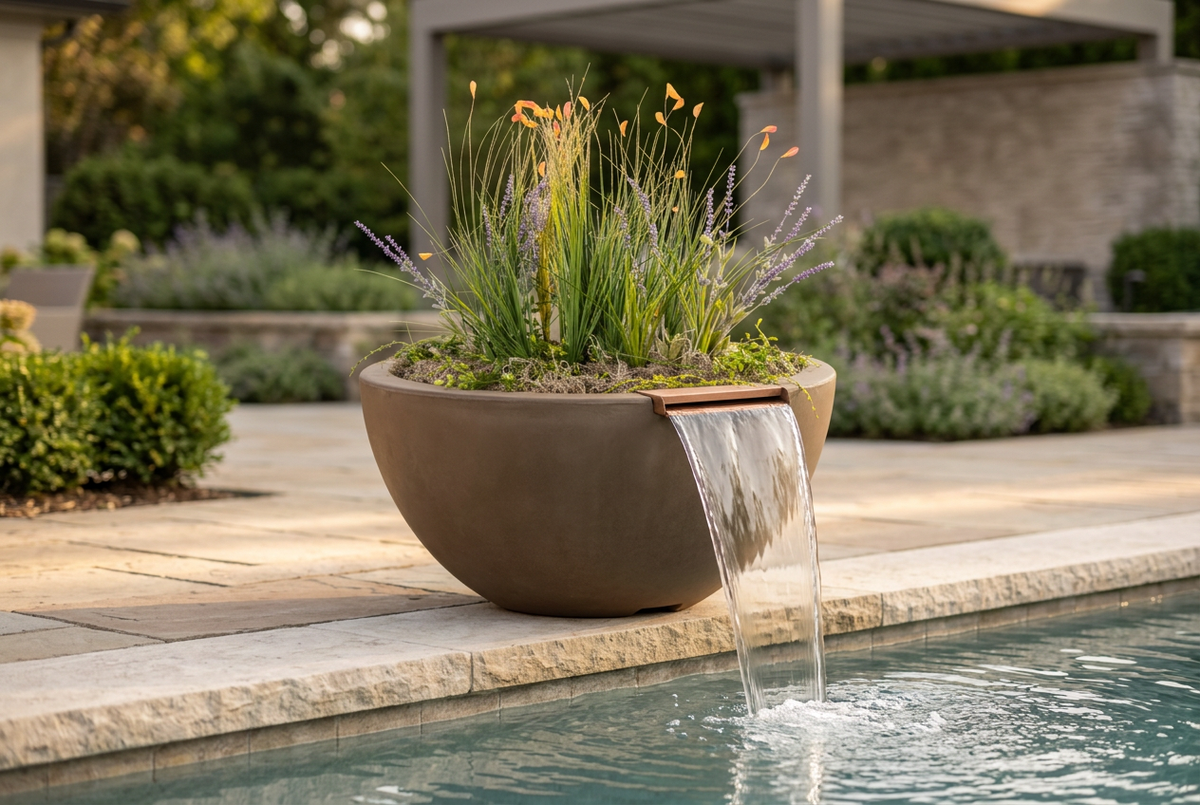 Brown Luna GFRC Planter & Water Bowl with its original planting and copper spillway flowing into a pool