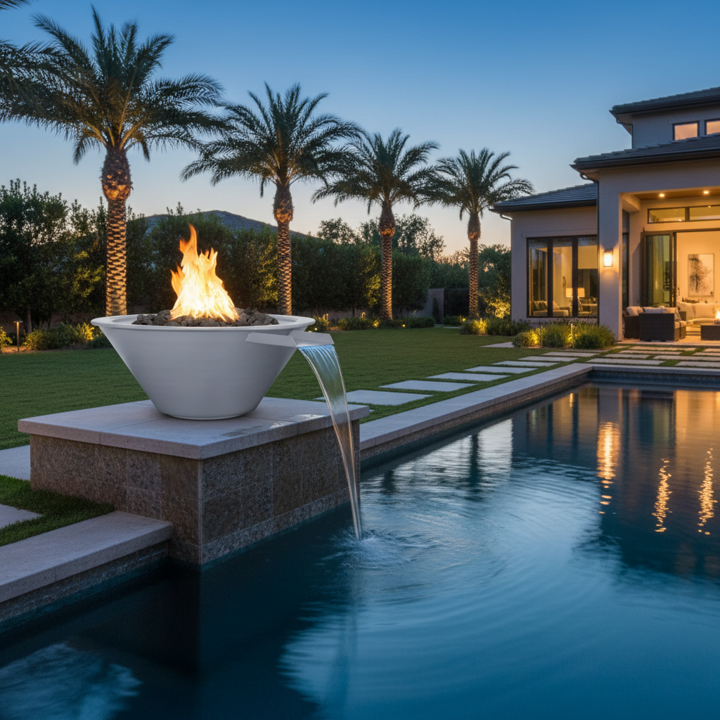 A modern outdoor fire pit bowl with a flowing water feature into a swimming pool, set in a luxurious backyard with palm trees and a house at dusk.