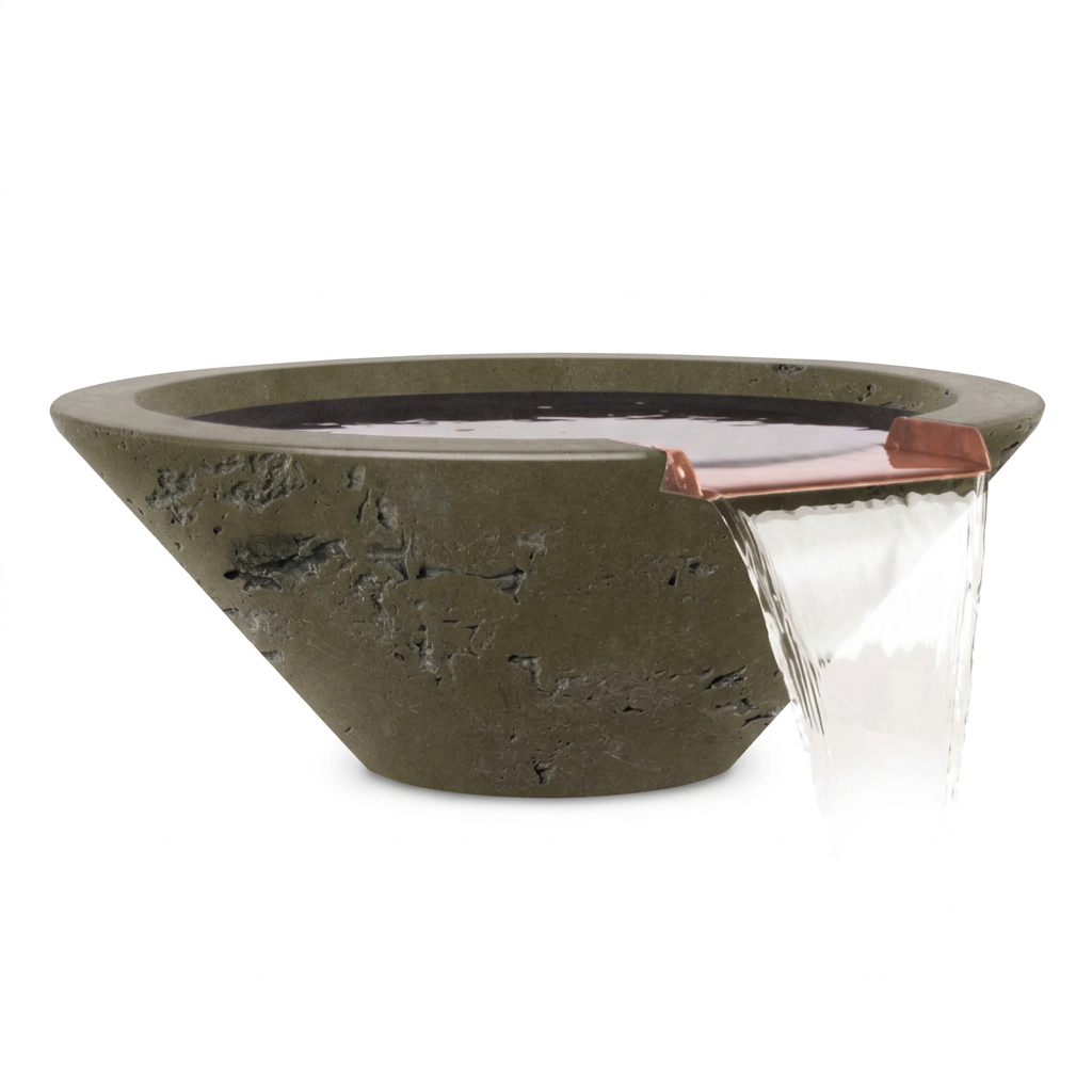 Cazo GFRC water bowl in Rustic Moss Stone with a clean white background
