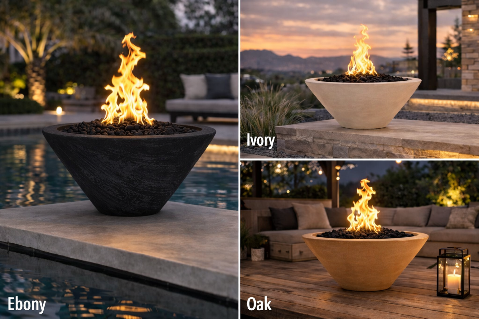The Outdoor Plus Round Cazo Wood Grain GFRC Concrete Fire Bowl - Match Lit with Flame Sense - Ebony