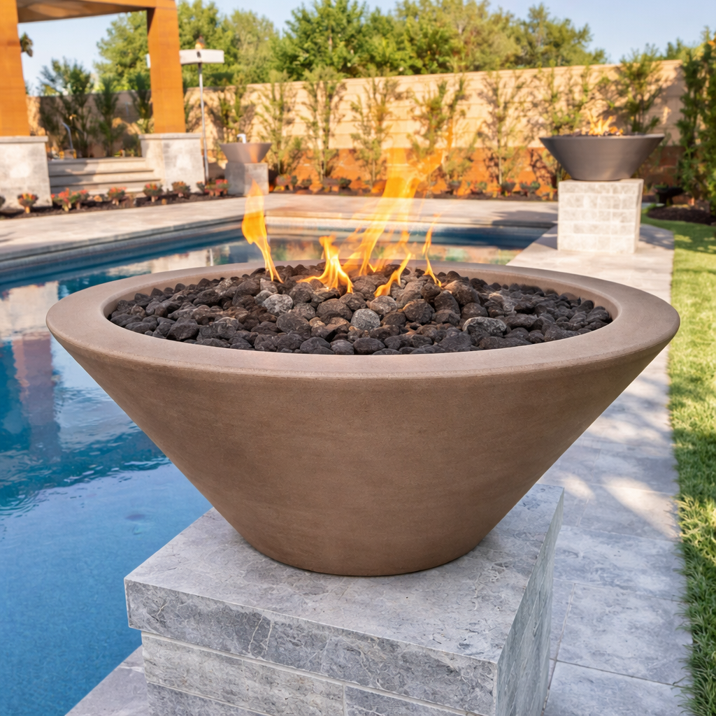 The Outdoor Plus Round Cazo GFRC Concrete Fire Bowl - Chestnut